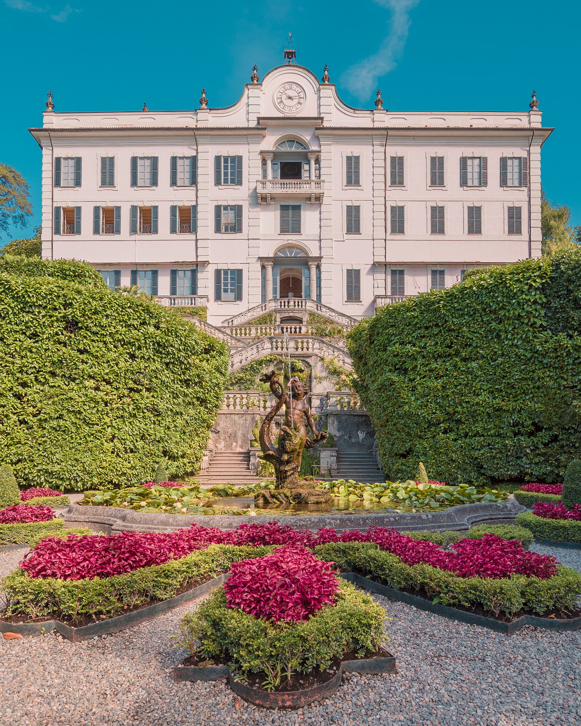 The facade and formal gardens of Villa Carlotta at Tremezzo